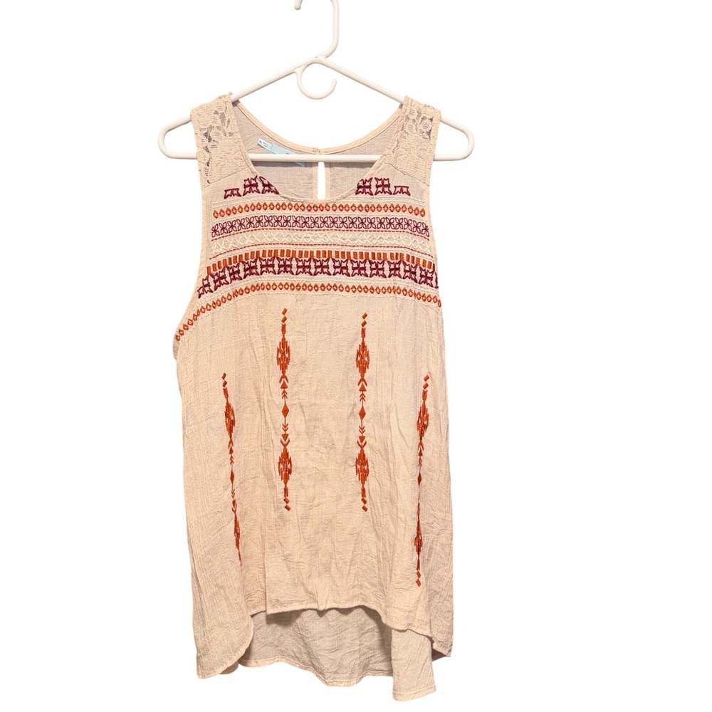 Women's XXL Beige Boho Embroidered Lace‎ Sleeveless Tank Top High Low Hem